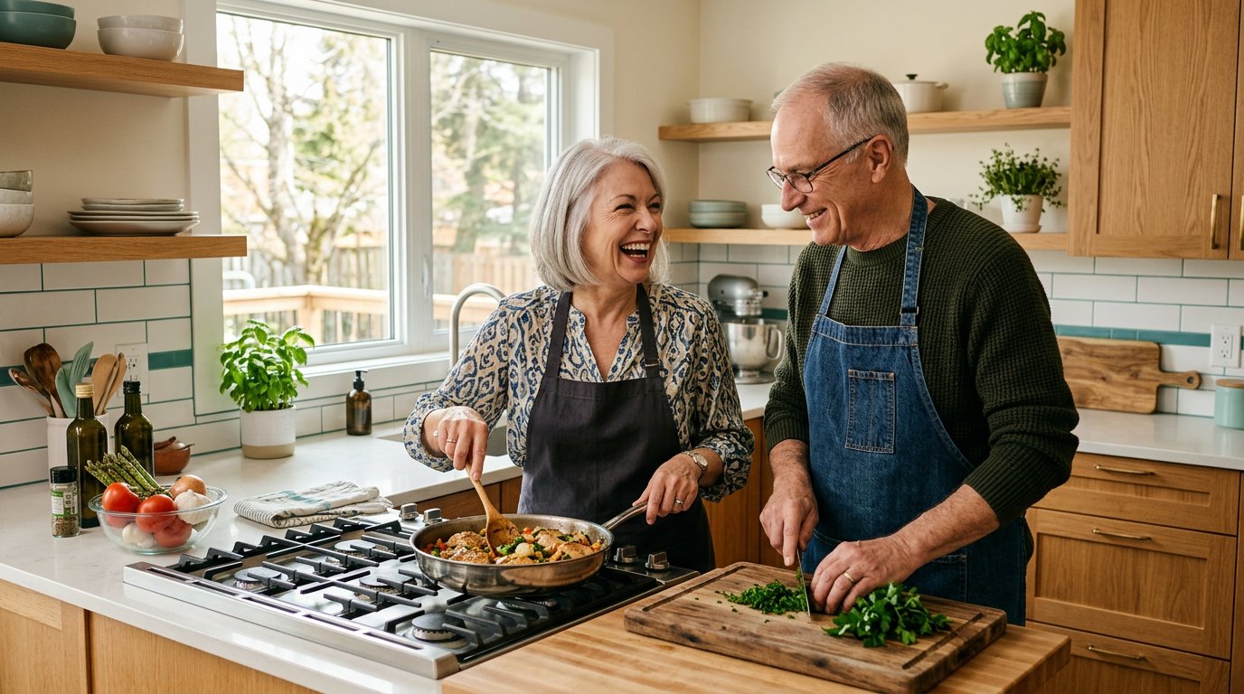 Senior couple cooking together at home
