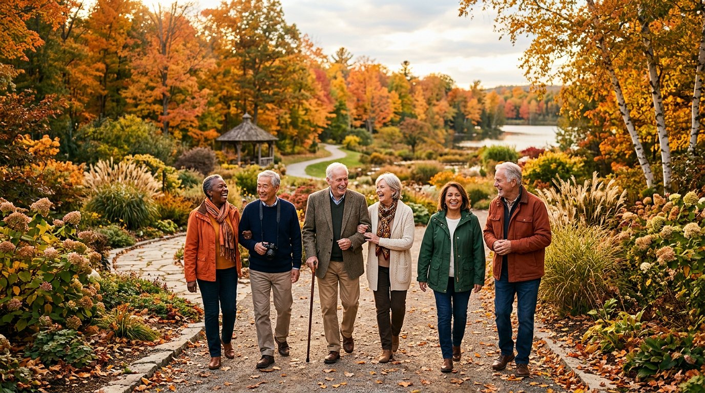 Seniors walking together in a garden