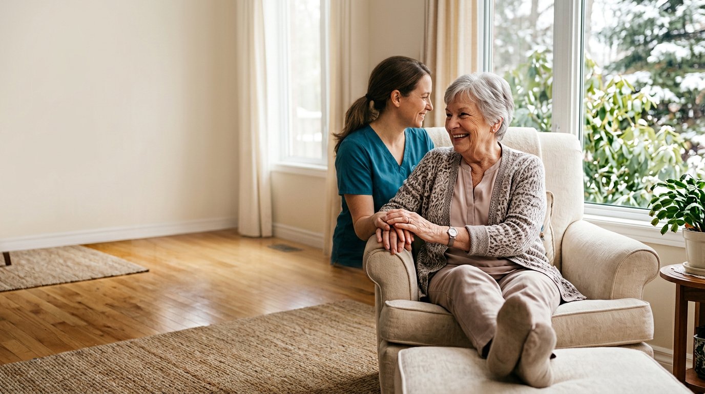 Caregiver holding hands with a senior woman at home